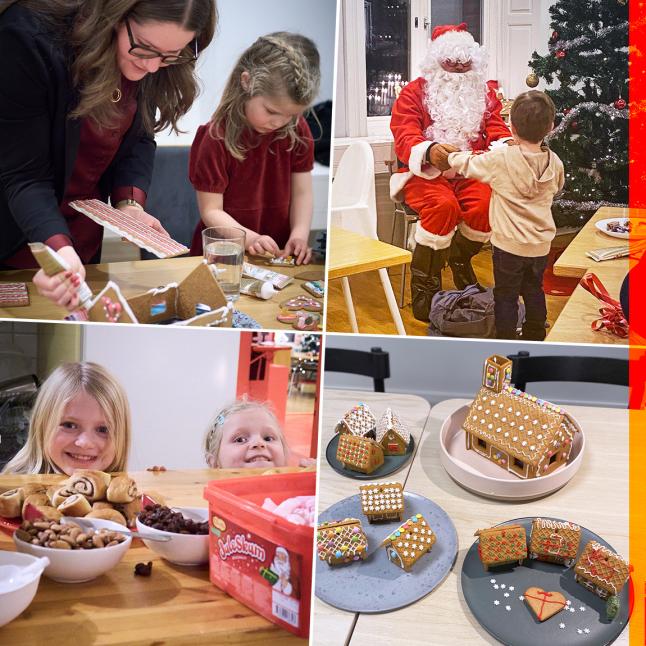 En fyrdelad bild. Mor och barn bygger pepparkakshus. En tomte ger present till barn. Två flickor tittar upp bakom godisskålar. Några färdigbyggda och jättefina pepparkakshus.