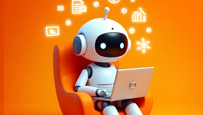En vit AI-robot sitter i en orange snurrstol med en vit laptop i knät.