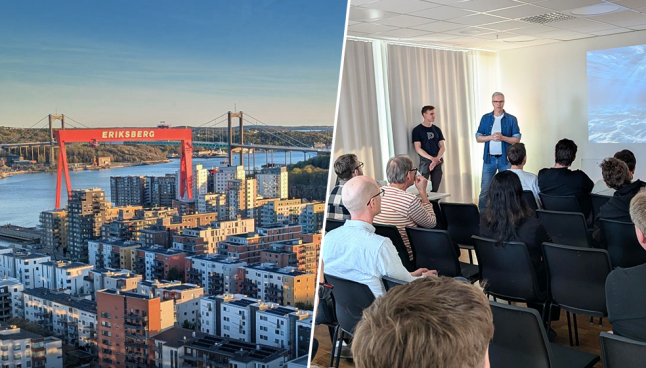 En tvådelad bild, vänster eriksbergskranen, höger ett konferensrum med människor