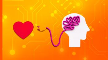 Ett illustrerat huvud och ett illustrerat hjärta. En hopknycklad sladd symboliserar hjärnan och är sedan kopplad till hjärtat. Sladden slutar i en stickkontakt.