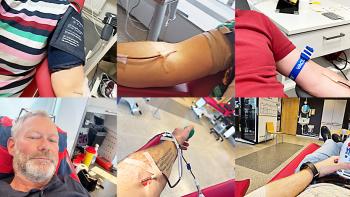 Armar med slangar och nålar, för att ge blod