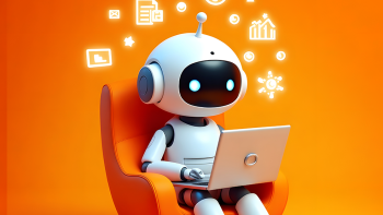 En vit AI-robot sitter i en orange snurrstol med en vit laptop i knät.