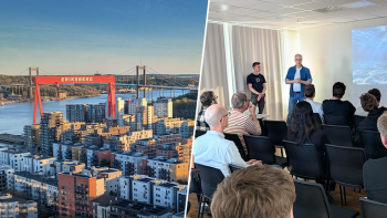 En tvådelad bild, vänster eriksbergskranen, höger ett konferensrum med människor